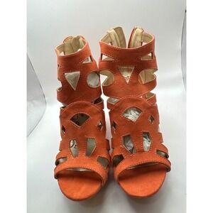 Brash Orange Suede Laser Cutout Wedge Sandals Heels Shoes Women Size 8.5